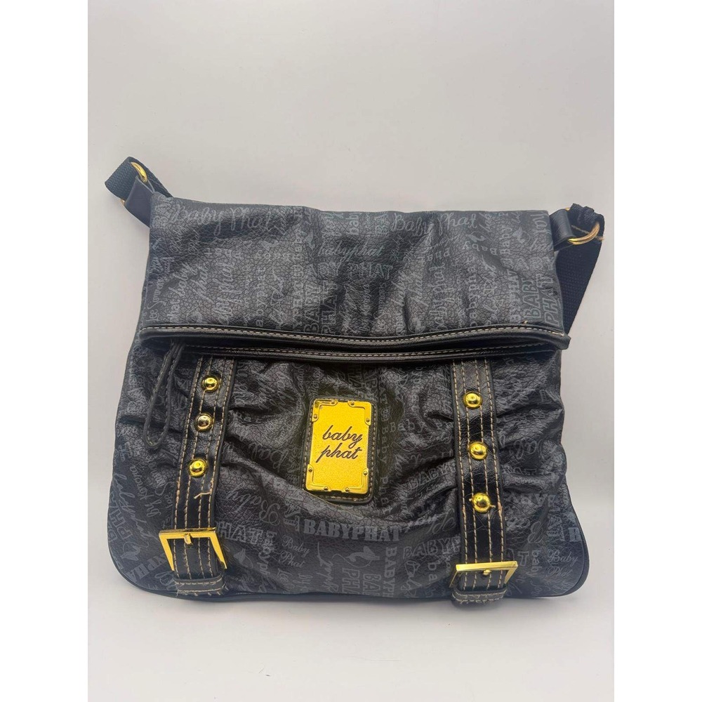 Baby Phat Black Logo Print Crossbody Bag Y2K Messenger Gold Tone Hardware